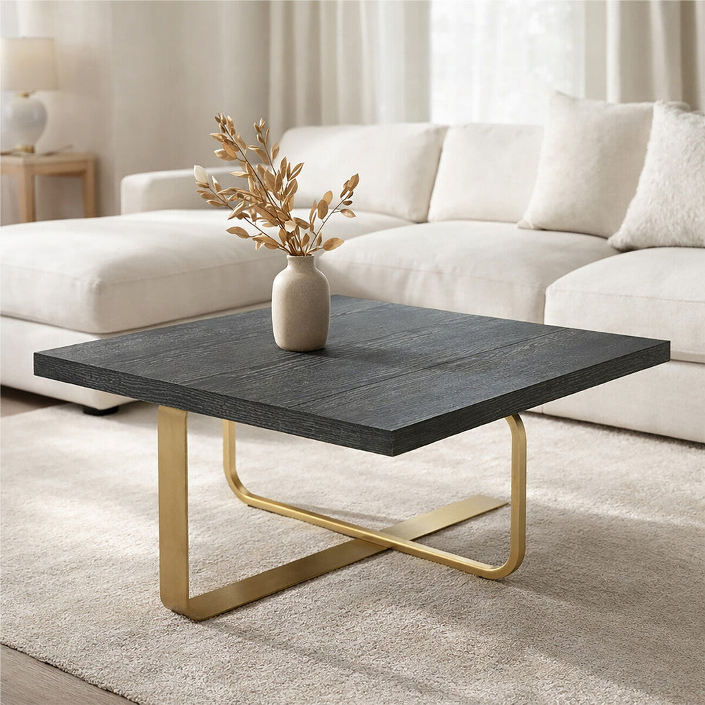 Black & Grey Oak Veneer Wooden Coffee Table With Gold Metal Angular Base, Lena