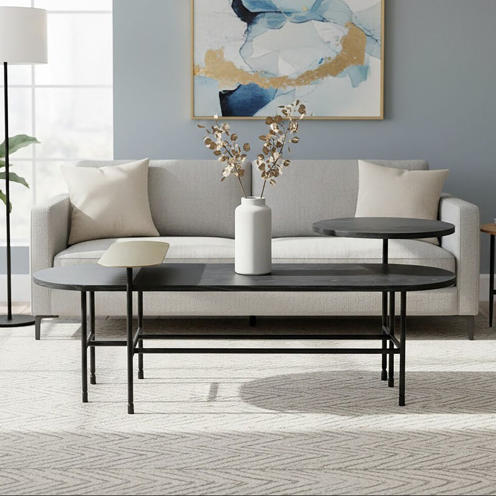Gold Oak Veneer & Black Marble Top Coffee Table With Iron Legs, Serrano