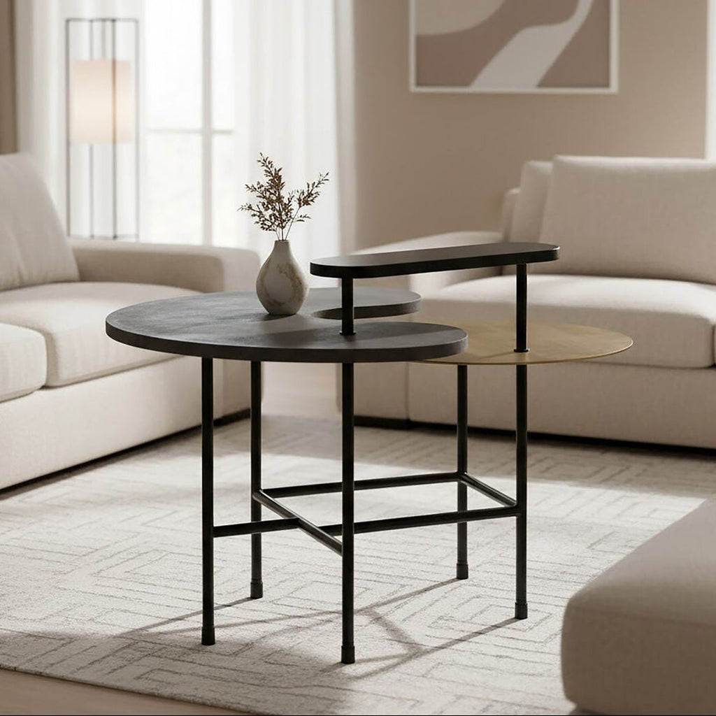 Mixed Metal Tops Sculptural Nesting Coffee Table Set With Black Frame, Serrano