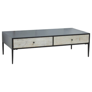 Black Recycled Pine Wood Coffee Table With Textured Two Storage Drawers Front & Black Metal Legs, Luxor