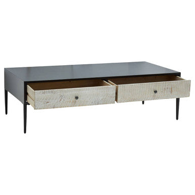 Black Recycled Pine Wood Coffee Table With Textured Two Storage Drawers Front & Black Metal Legs, Luxor