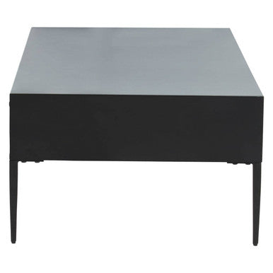 Black Recycled Pine Wood Coffee Table With Textured Two Storage Drawers Front & Black Metal Legs, Luxor