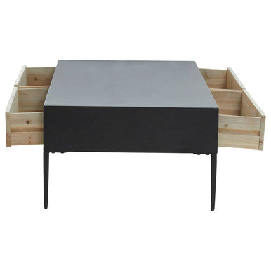 Black Recycled Pine Wood Coffee Table With Textured Two Storage Drawers Front & Black Metal Legs, Luxor