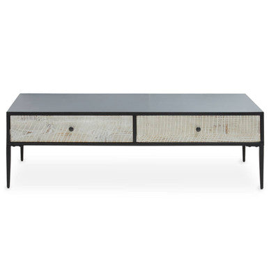 Black Recycled Pine Wood Coffee Table With Textured Two Storage Drawers Front & Black Metal Legs, Luxor