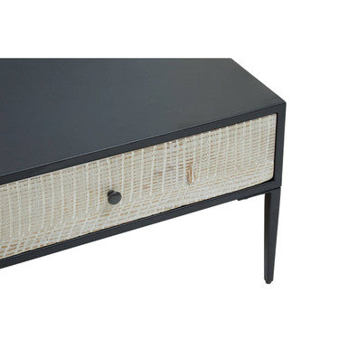 Black Recycled Pine Wood Coffee Table With Textured Two Storage Drawers Front & Black Metal Legs, Luxor