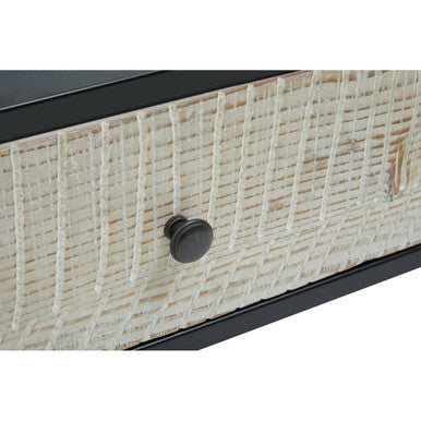 Black Recycled Pine Wood Coffee Table With Textured Two Storage Drawers Front & Black Metal Legs, Luxor