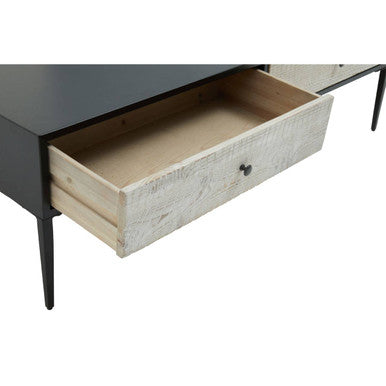 Black Recycled Pine Wood Coffee Table With Textured Two Storage Drawers Front & Black Metal Legs, Luxor