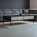 Black Recycled Pine Wood Coffee Table With Textured Two Storage Drawers Front & Black Metal Legs, Luxor