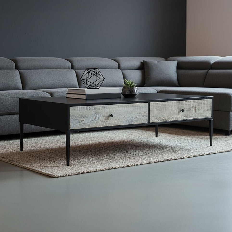 Black Recycled Pine Wood Coffee Table With Textured Two Storage Drawers Front & Black Metal Legs, Luxor
