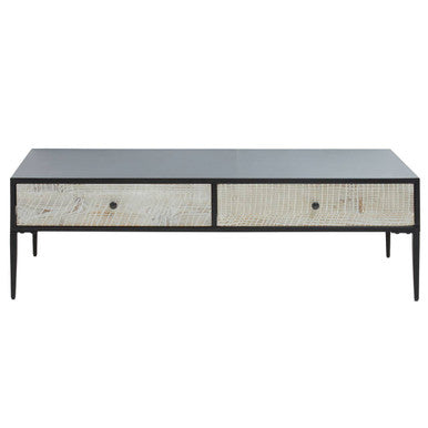 Black Recycled Pine Wood Coffee Table With Textured Two Storage Drawers Front & Black Metal Legs, Luxor