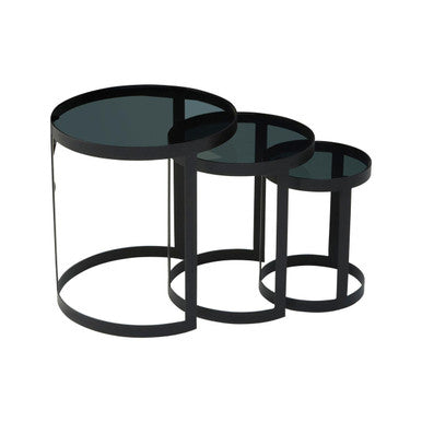 Set Of 3 Black Glass Top & Metal Base Nesting Tables, Corra