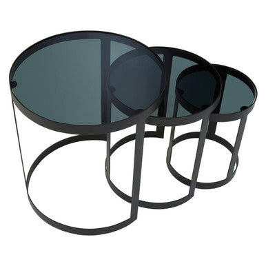 Set Of 3 Black Glass Top & Metal Base Nesting Tables, Corra