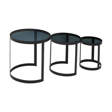 Set Of 3 Black Glass Top & Metal Base Nesting Tables, Corra