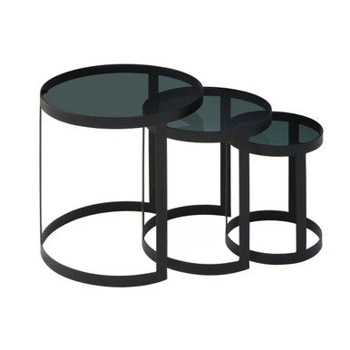 Set Of 3 Black Glass Top & Metal Base Nesting Tables, Corra