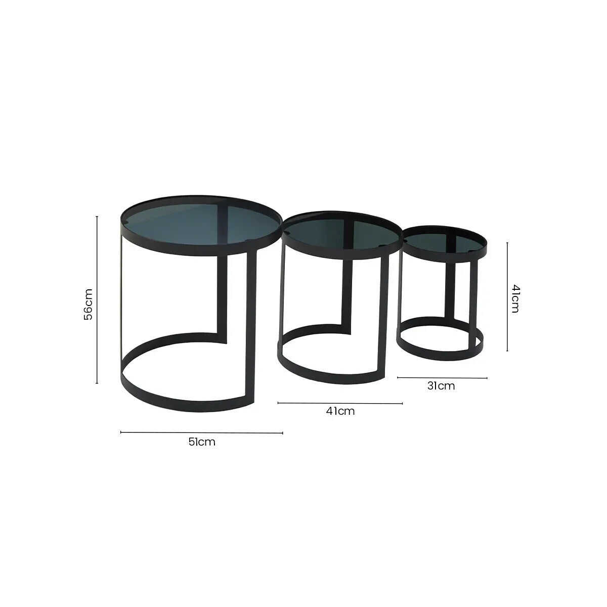 Set Of 3 Black Glass Top & Metal Base Nesting Tables, Corra