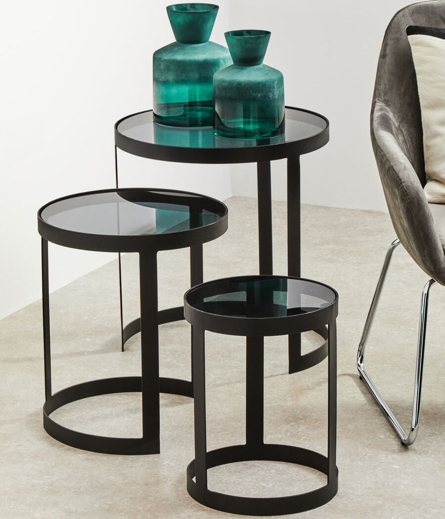 Set Of 3 Black Glass Top & Metal Base Nesting Tables, Corra