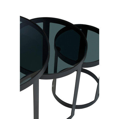 Set Of 3 Black Glass Top & Metal Base Nesting Tables, Corra