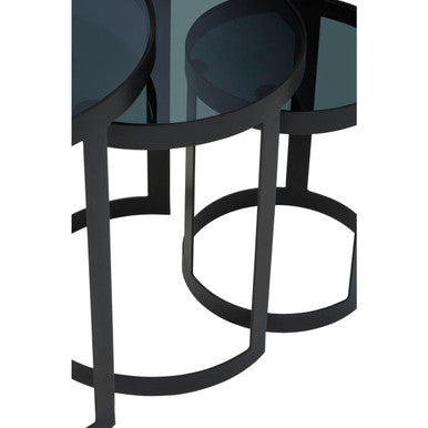 Set Of 3 Black Glass Top & Metal Base Nesting Tables, Corra