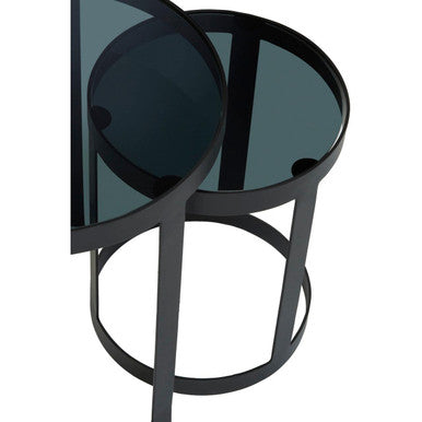 Set Of 3 Black Glass Top & Metal Base Nesting Tables, Corra