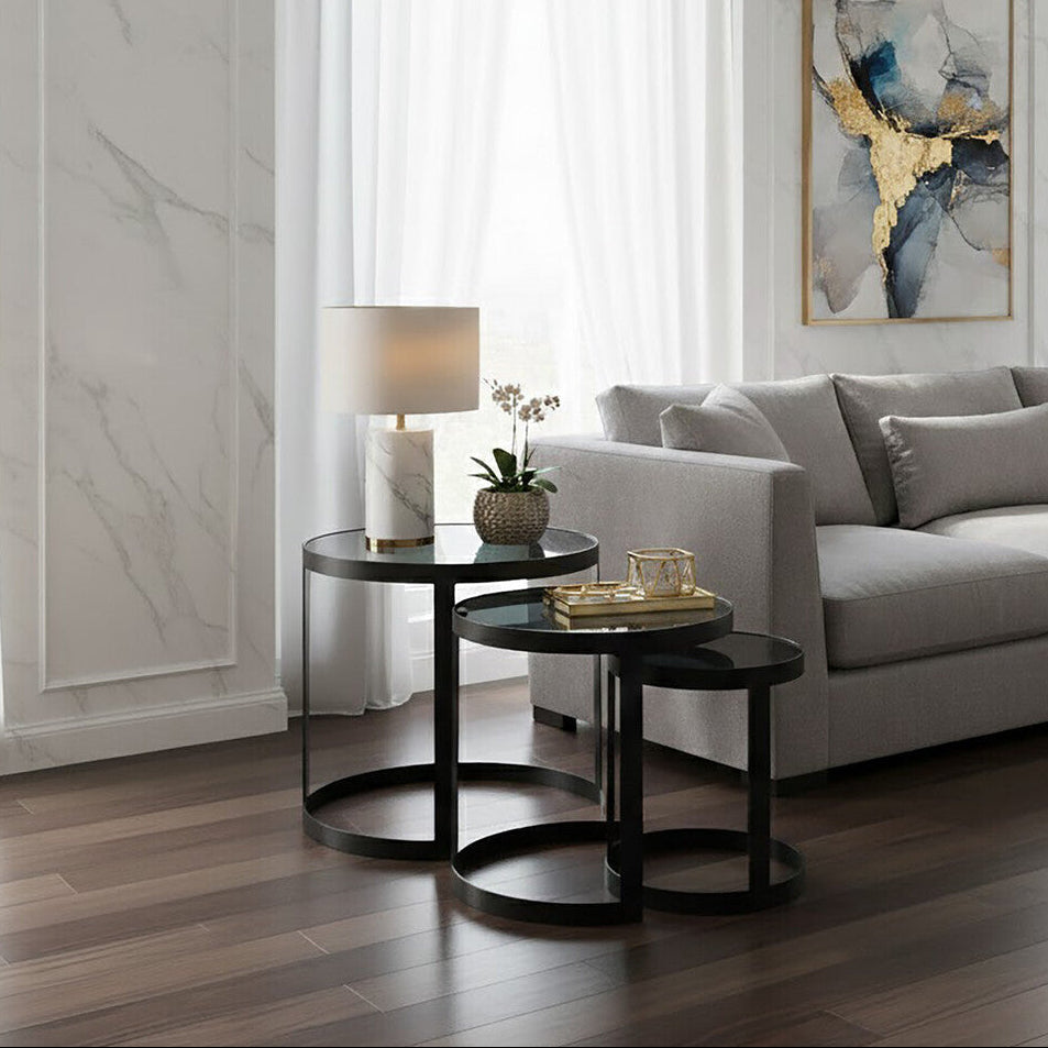 Set Of 3 Black Glass Top & Metal Base Nesting Tables, Corra