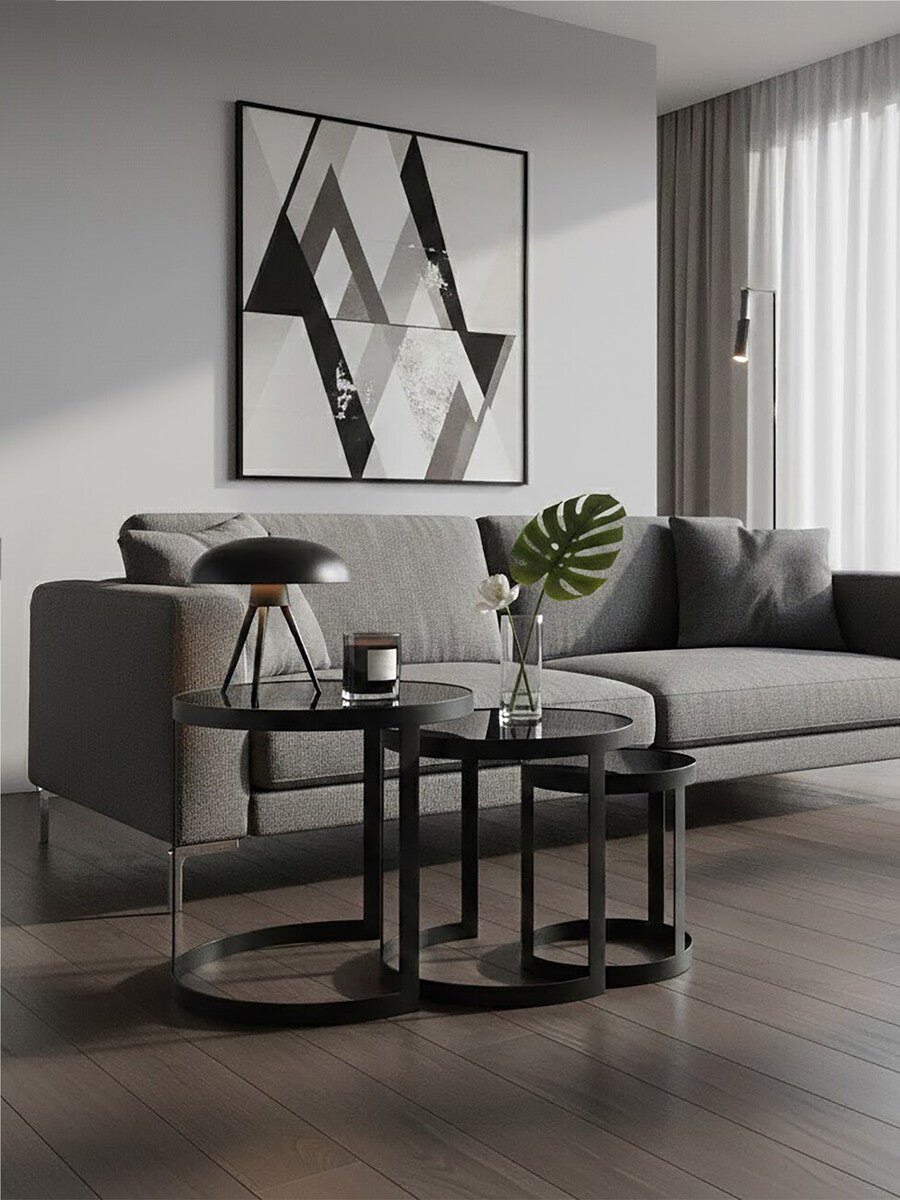 Set Of 3 Black Glass Top & Metal Base Nesting Tables, Corra