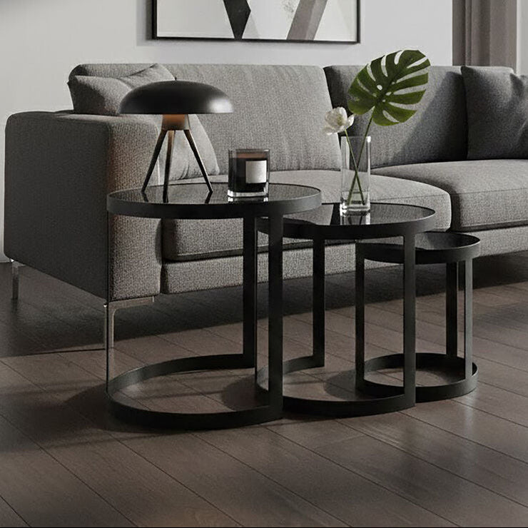 Set Of 3 Black Glass Top & Metal Base Nesting Tables, Corra