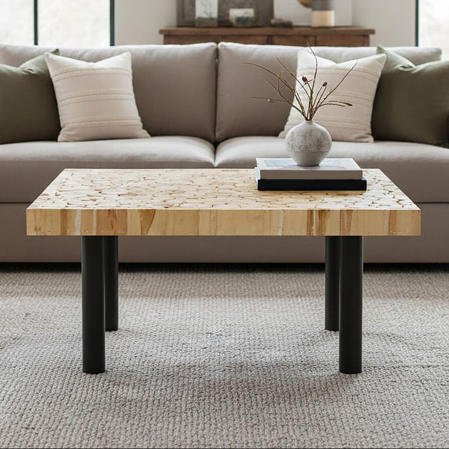 Natural Teak Wood Branch Coffee Table With Black Metal Legs, Malang