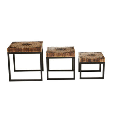 Set Of 3 Rustic Teakwood Top Nesting Tables With Black Metal Bases, Malang