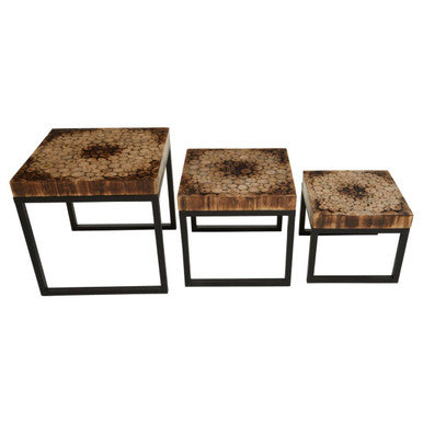 Set Of 3 Rustic Teakwood Top Nesting Tables With Black Metal Bases, Malang