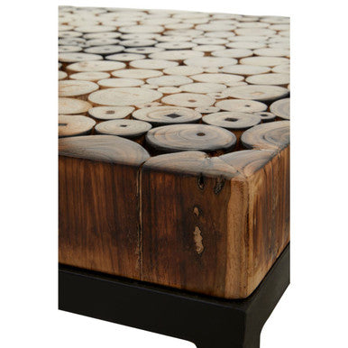 Set Of 3 Rustic Teakwood Top Nesting Tables With Black Metal Bases, Malang
