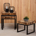 Set Of 3 Rustic Teakwood Top Nesting Tables With Black Metal Bases, Malang
