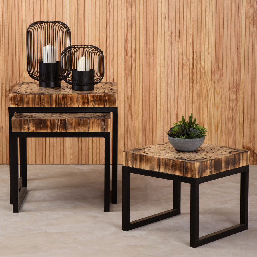 Set Of 3 Rustic Teakwood Top Nesting Tables With Black Metal Bases, Malang