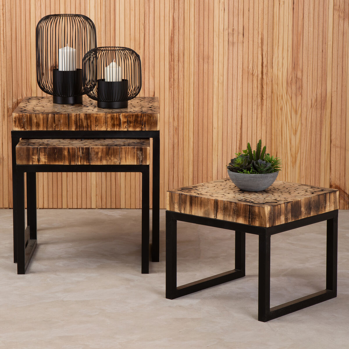 Set Of 3 Rustic Teakwood Top Nesting Tables With Black Metal Bases, Malang