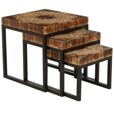 Set Of 3 Rustic Teakwood Top Nesting Tables With Black Metal Bases, Malang