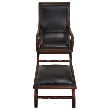 Inca Genuine Black Leather & Teak Lounge Chair With Footstool