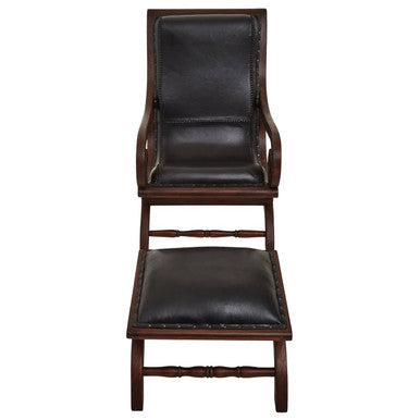 Inca Genuine Black Leather & Teak Lounge Chair With Footstool