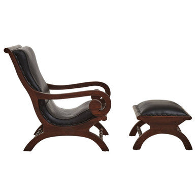 Inca Genuine Black Leather & Teak Lounge Chair With Footstool