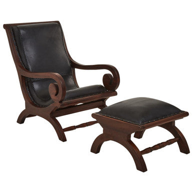 Inca Genuine Black Leather & Teak Lounge Chair With Footstool