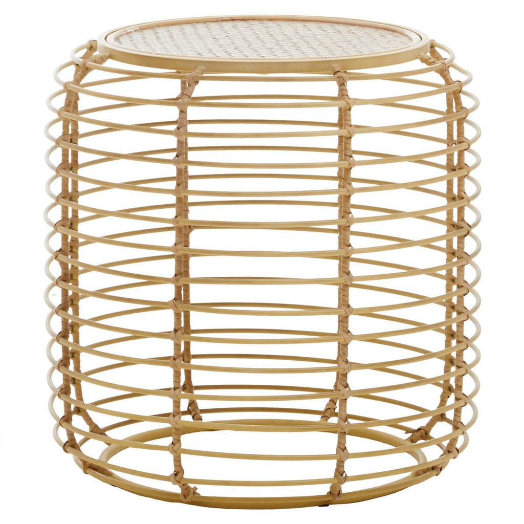 Natural Round Hand Woven Rattan Top Side Table With Gold Cage Base, Trento