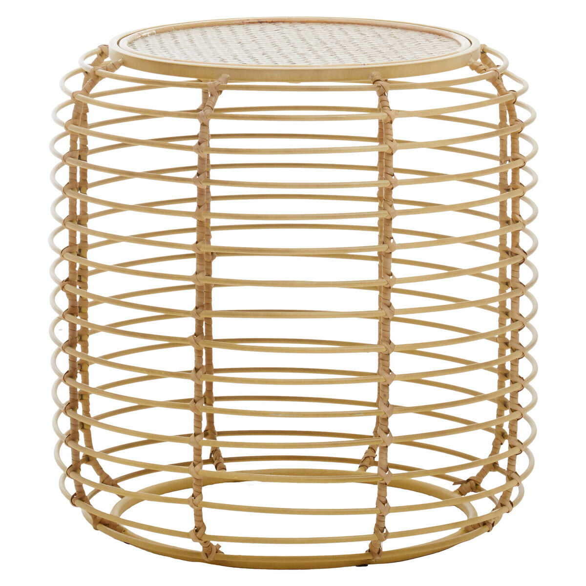 Natural Round Hand Woven Rattan Top Side Table With Gold Cage Base, Trento