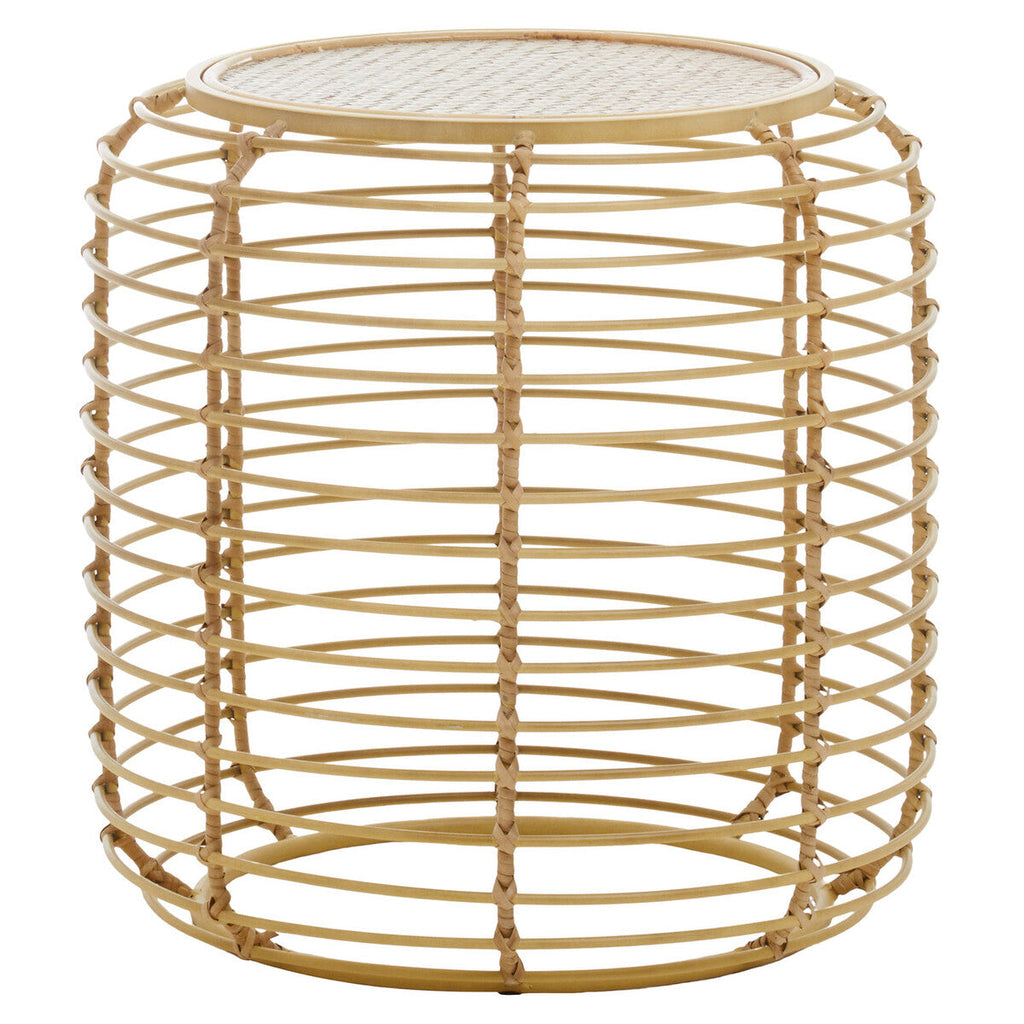 Natural Round Hand Woven Rattan Top Side Table With Gold Cage Base, Trento