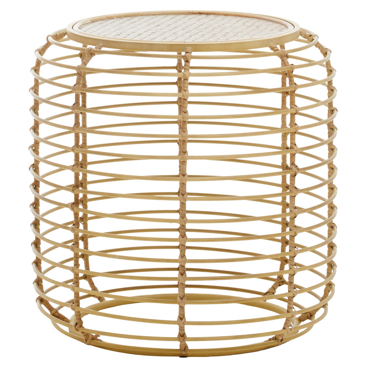 Natural Round Hand Woven Rattan Top Side Table With Gold Cage Base, Trento