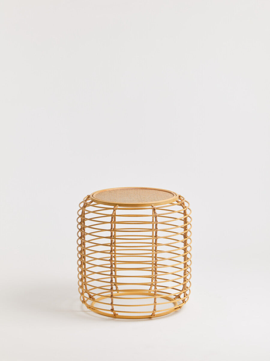 Natural Round Hand Woven Rattan Top Side Table With Gold Cage Base, Trento
