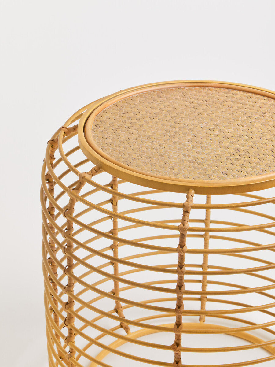 Natural Round Hand Woven Rattan Top Side Table With Gold Cage Base, Trento