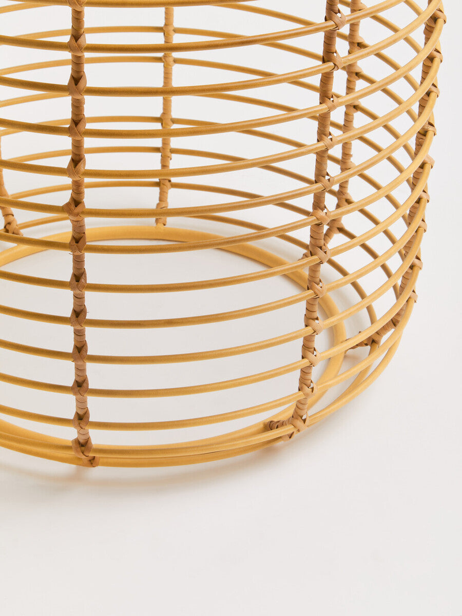 Natural Round Hand Woven Rattan Top Side Table With Gold Cage Base, Trento