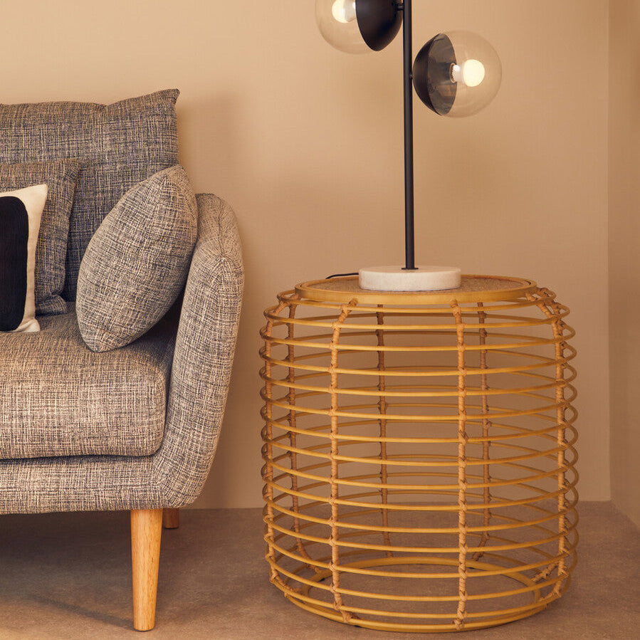 Natural Round Hand Woven Rattan Top Side Table With Gold Cage Base, Trento