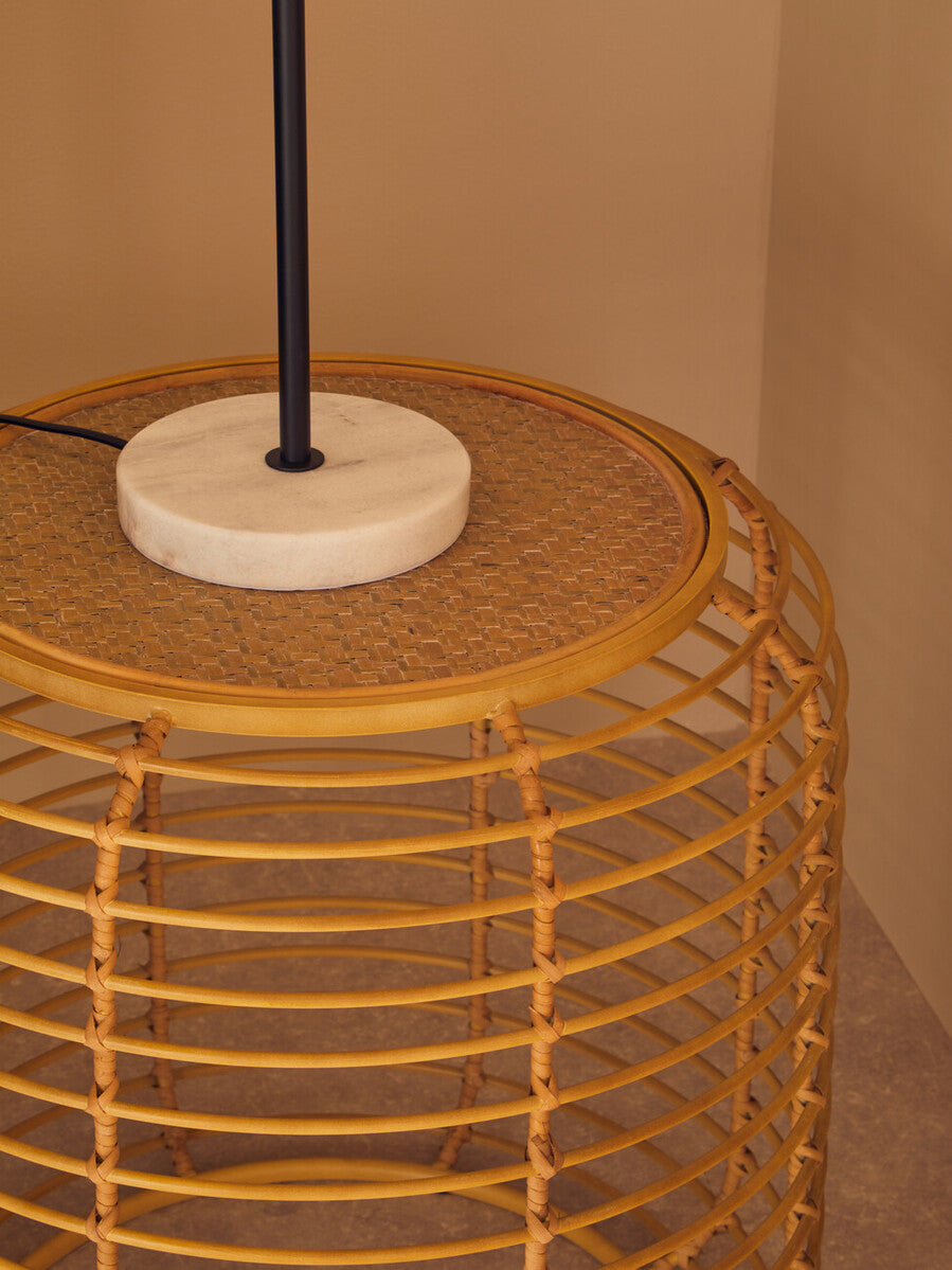 Natural Round Hand Woven Rattan Top Side Table With Gold Cage Base, Trento