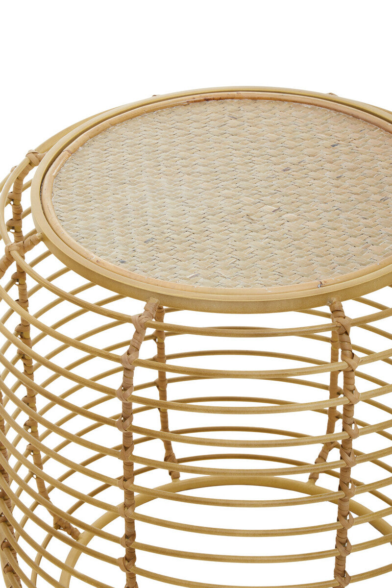 Natural Round Hand Woven Rattan Top Side Table With Gold Cage Base, Trento