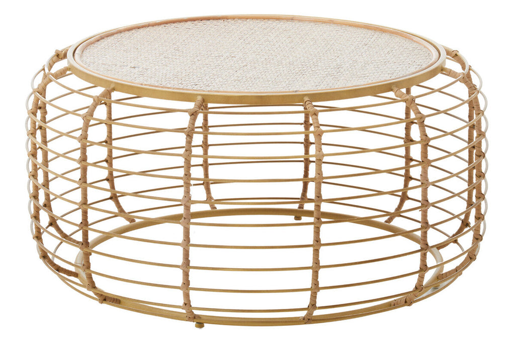 Natural Round Hand Woven Rattan Top Coffee Table With Gold Cage Base, Trento