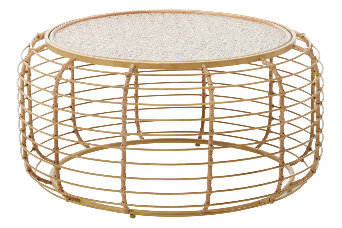 Natural Round Hand Woven Rattan Top Coffee Table With Gold Cage Base, Trento